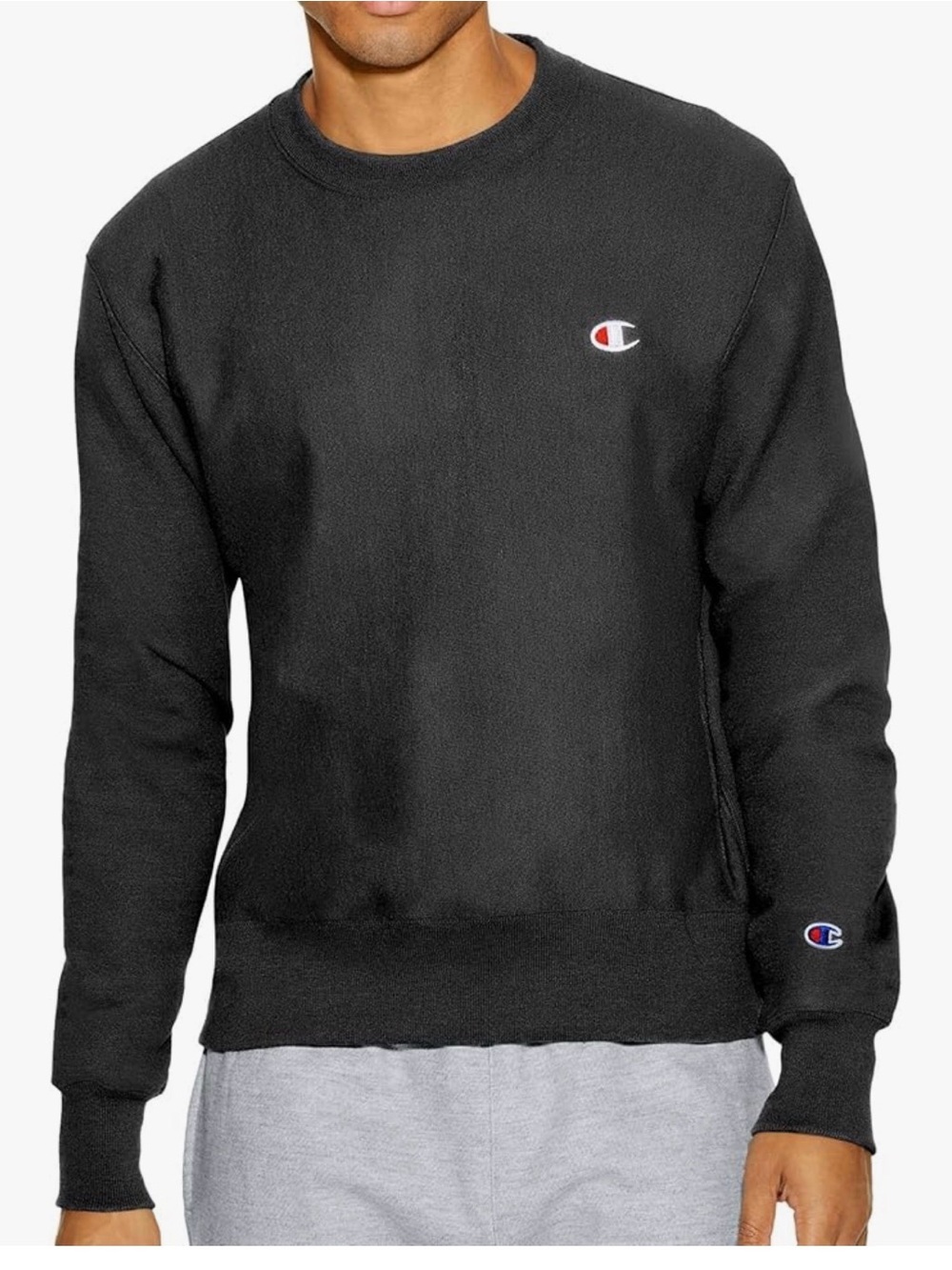 Champion Reverse Weave Black Crewneck Sweatshirt with classic “C” Logo